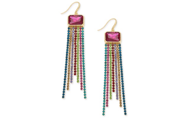  Gold-Tone Multi-Rhinestone Fringe Linear Drop Earrings, Pink