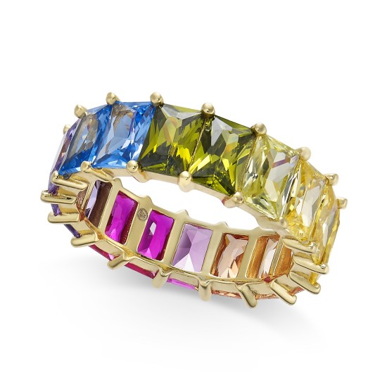  Gold-Tone Multicolor Baguette Stone Rings, Gold Multi, 8