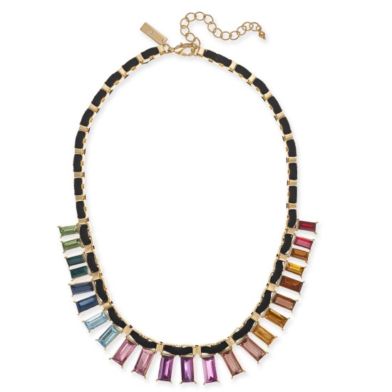  Gold-Tone Multicolor Crystal Velvet-Woven Statement Necklace
