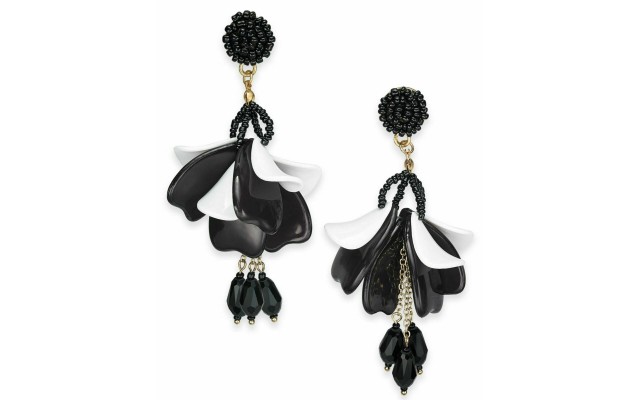  Gold-Tone Petal Drop Earrings (White/Black)