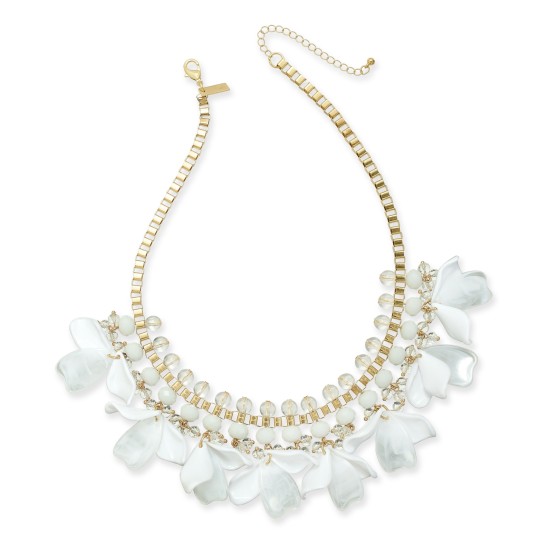  Gold-Tone Petal Shaky Statement Necklace, 18″ + 3″ Extender, White, 18