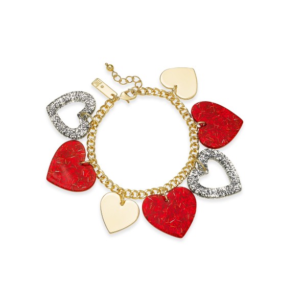  Gold-Tone Resin Heart Charm Bracelet, Red/Gray