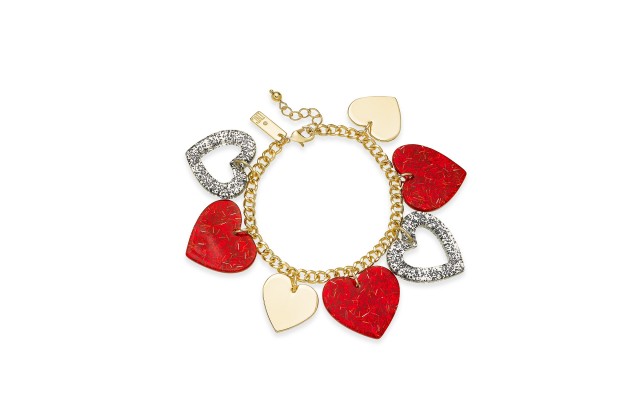  Gold-Tone Resin Heart Charm Bracelet, Red/Gray