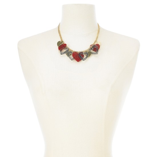  Gold-Tone Resin Heart Dangle Statement Necklace, 17-1/2″ + 3″ extender, Red
