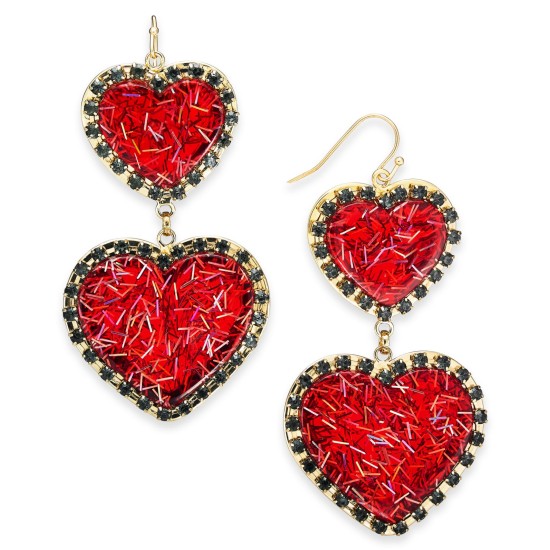  Gold-Tone Resin Heart Double Drop Earrings (Red)