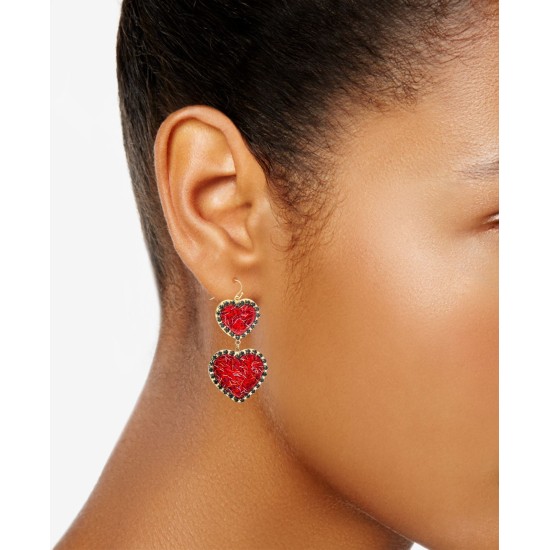  Gold-Tone Resin Heart Double Drop Earrings (Red)