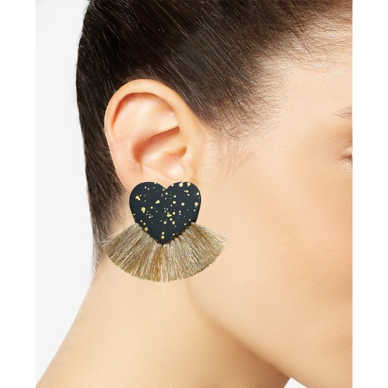  Gold-Tone Resin Heart Fringe Drop Earrings (Black)