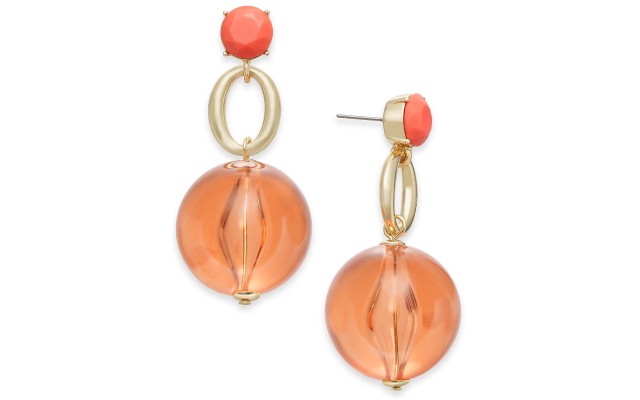  Gold-Tone Stone & Bead Drop Earrings,Coral 2 1/3″