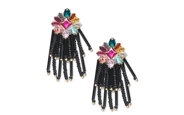  Gold-Tone Stone & Black Bead Chandelier Earrings