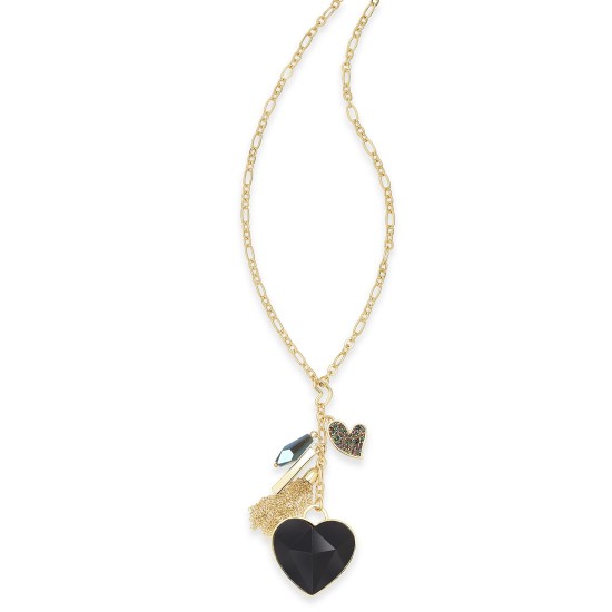  Gold-Tone Stone Heart & Charms Pendant Necklace (Gold/Black)