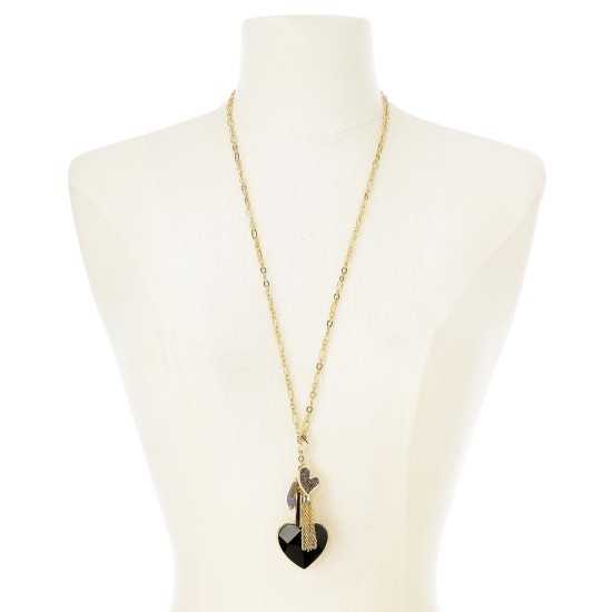  Gold-Tone Stone Heart & Charms Pendant Necklace (Gold/Black)