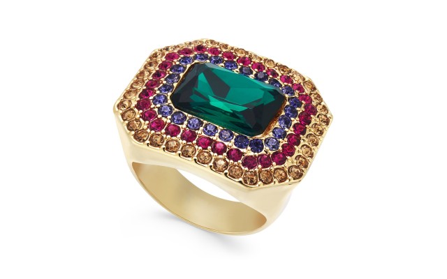  Gold-Tone Stone Multi-Halo Statement Rings, Gold/Green, 7