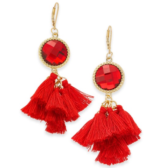  Gold-Tone Stone & Tassel Drop Earrings, Red