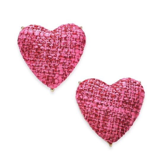  Gold-Tone Tweed Heart Stud Earrings, Pink