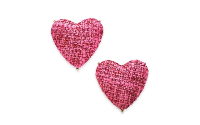  Gold-Tone Tweed Heart Stud Earrings, Pink