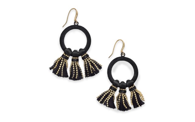  Gold-Tone Velvet Hoop & Tassel Drop Earrings, Black