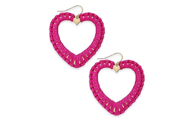  Gold-Tone Woven Heart Drop Earrings (Pink)