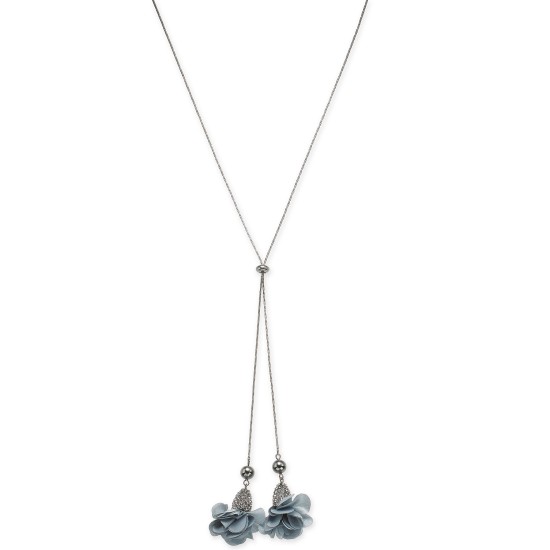  Hematite-Tone Fabric-Flower 37″ Lariat Necklace, Gray