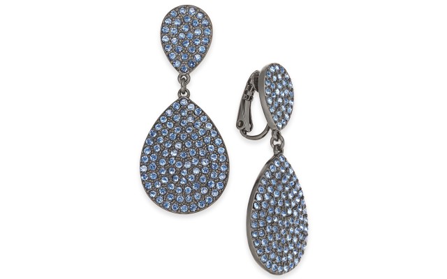  Hematite-Tone Pave Clip-On Drop Earrings, Blue