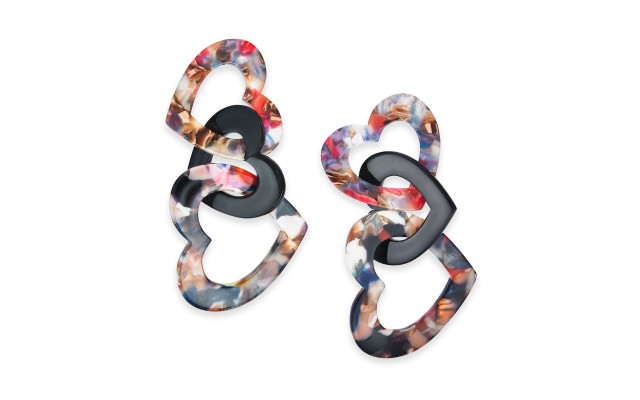  Hematite-Tone & Resin Heart Linear Drop Earrings