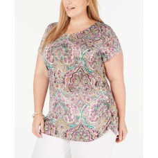 INC International Concepts I.N.C. Women’s  Plus Size Printed Ruched-Side Top Dark Pink Size 2x