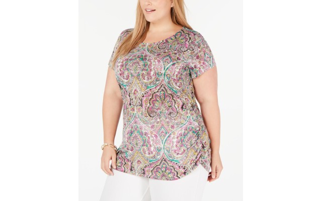 INC International Concepts I.N.C. Women’s  Plus Size Printed Ruched-Side Top Dark Pink Size 2x