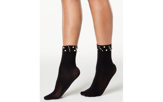  Imitation-pearl Ankle Socks (Black, 9-11)