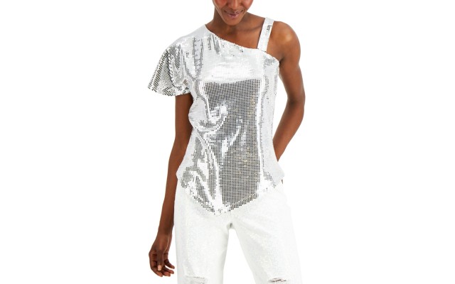  INC Asymmetrical Silver Top (Gray), Gray, X-Small