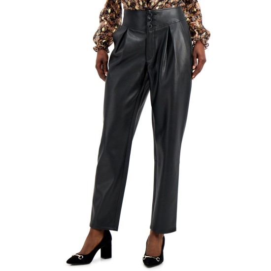  INC Faux-Leather Pleat-Front Pants (Black), Black, 12