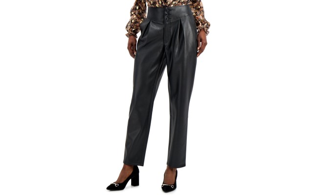  INC Faux-Leather Pleat-Front Pants (Black), Black, 12