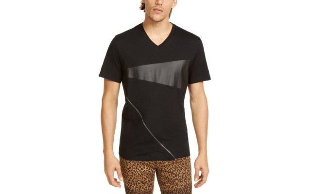  INC Men's Zipper V-Neck T-Shirt with Faux-Leather Piecing, Black, Medium