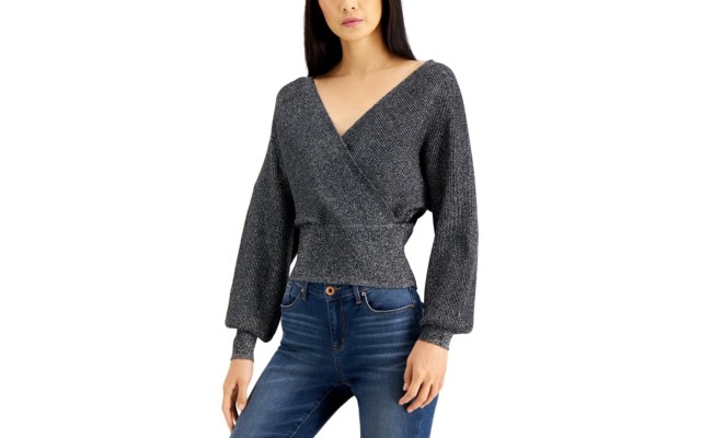  INC Metallic Surplice Sweater, Black, Small