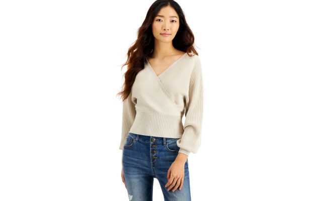  INC Metallic Surplice Sweater, Natural, Medium