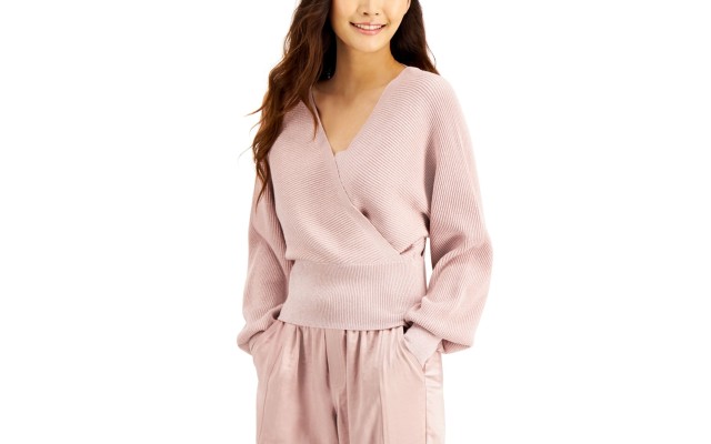  INC Metallic Surplice Sweater, Pink, Medium