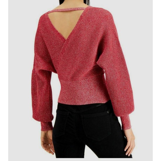  INC Metallic Surplice Sweater, Red, Large