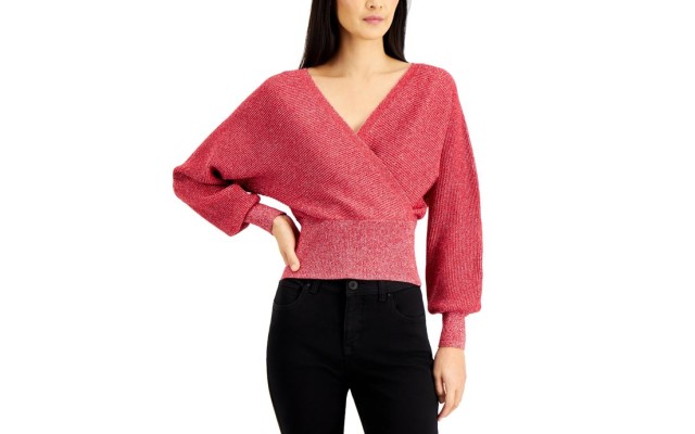  INC Metallic Surplice Sweater, Red, Large