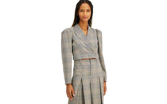  INC Plaid Cropped Jacket  (Gray, Medium)