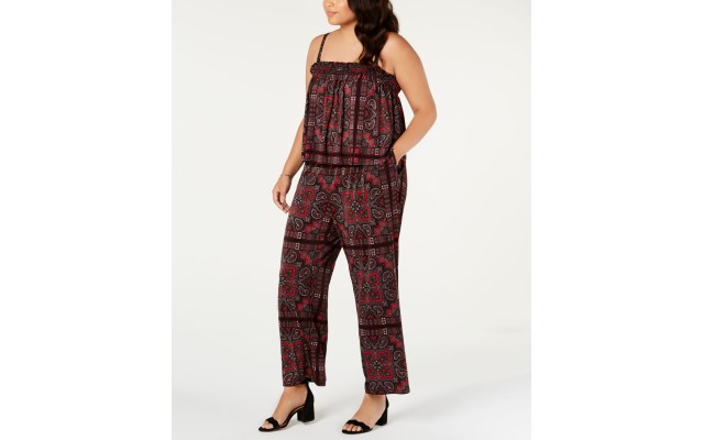  INC Plus Size Smocked Paisley Jumpsuit Dark Red, Dark Red, 3X
