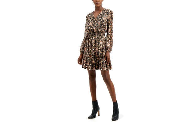  INC Printed Surplice Mini Dress, Black, X-Small