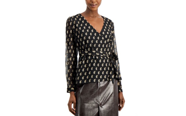  INC Printed Tie-Front Surplice V-Neck Top (Black), Black, Large