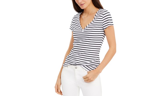  INC Printed V-Neck Striped T-Shirt (Black), Black, Medium