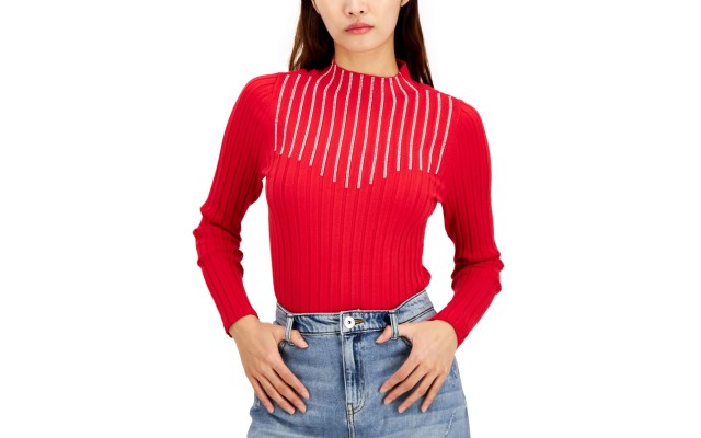  INC Rhinestone Mock-Neck Sweater (Red, Large)