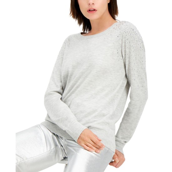  INC Rhinestone-Shoulder Sweater, Gray, Small