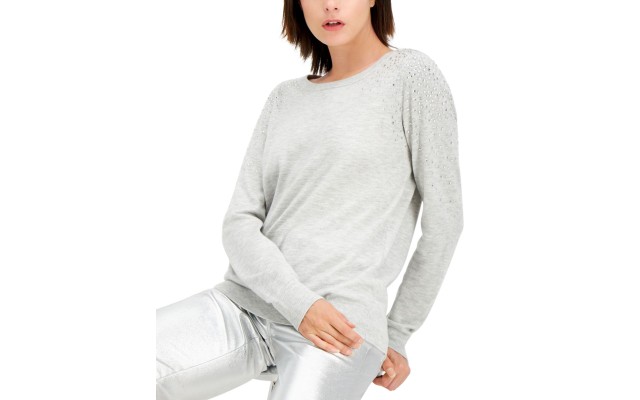  INC Rhinestone-Shoulder Sweater, Gray, Small