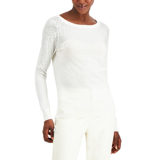  INC Rhinestone-Shoulder Sweater, White, Small