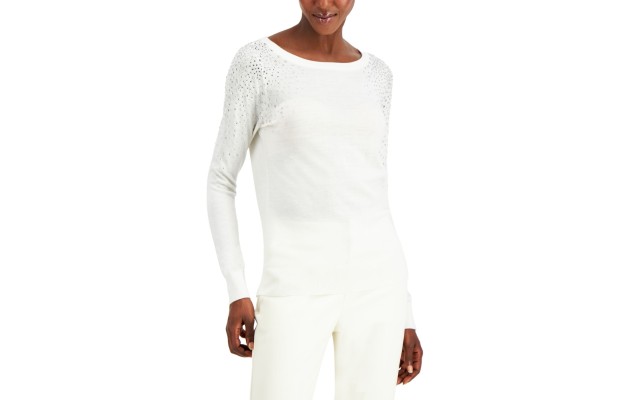  INC Rhinestone-Shoulder Sweater, White, Small
