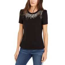 INC International Concepts INC Sequin-Fringe T-Shirt (Balck, Small)