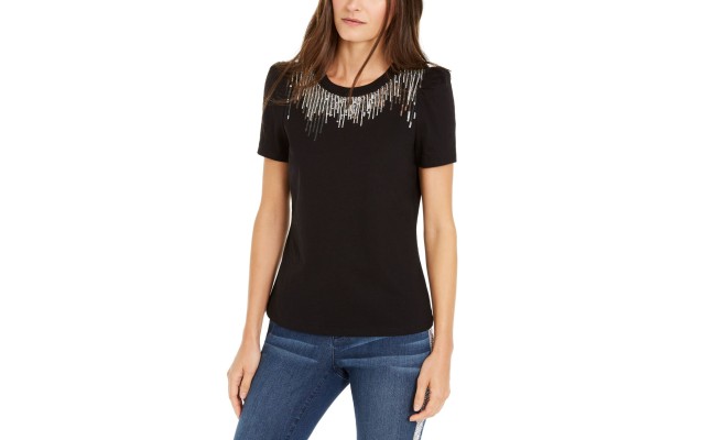  INC Sequin-Fringe T-Shirt (Balck, Small)