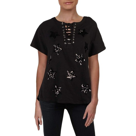  INC Sequin-Star Cotton Lace-Up T-Shirt (Black, S)