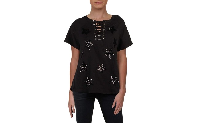  INC Sequin-Star Cotton Lace-Up T-Shirt (Black, S)